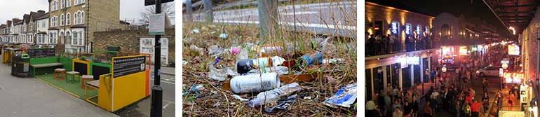 3 images: an ugly parklet, a pile of alcohol litter, bourbon street